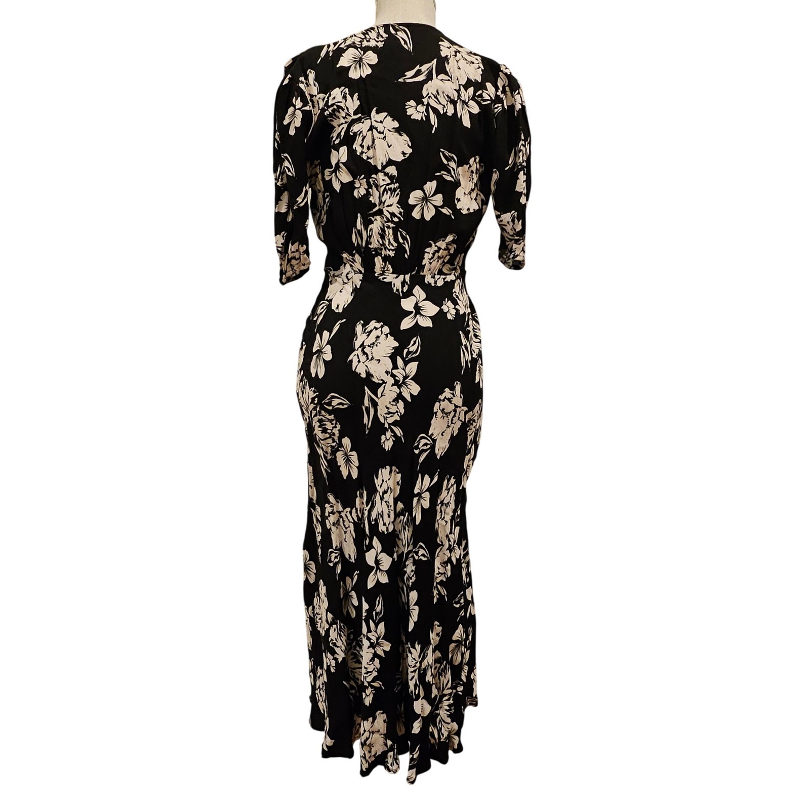 Ghost London Black Cream Floral V-Neck Button Front Viscose Midi Dress Xs — image 4 of 6